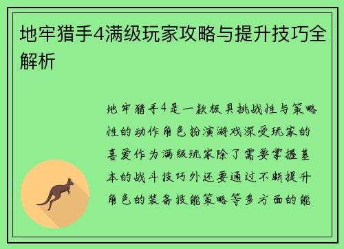 地牢猎手4满级玩家攻略与提升技巧全解析